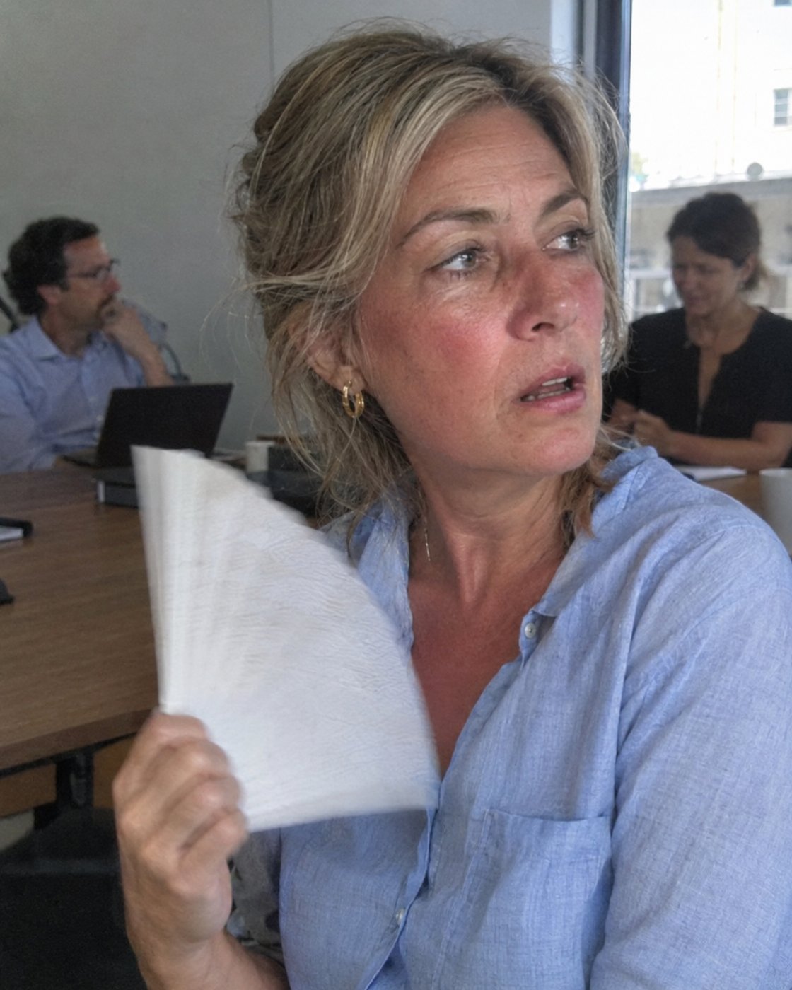 Femme de 53 ans qui s'évente pendant une réunion (photo d'illustration)