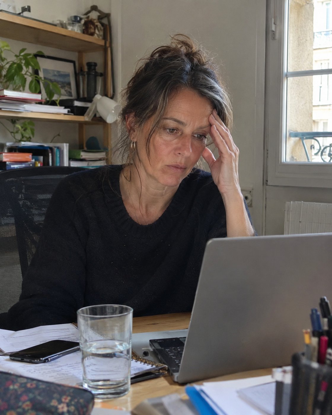 Femme de 48 ans fatiguée devant son ordinateur au bureau (photo d'illustration)
