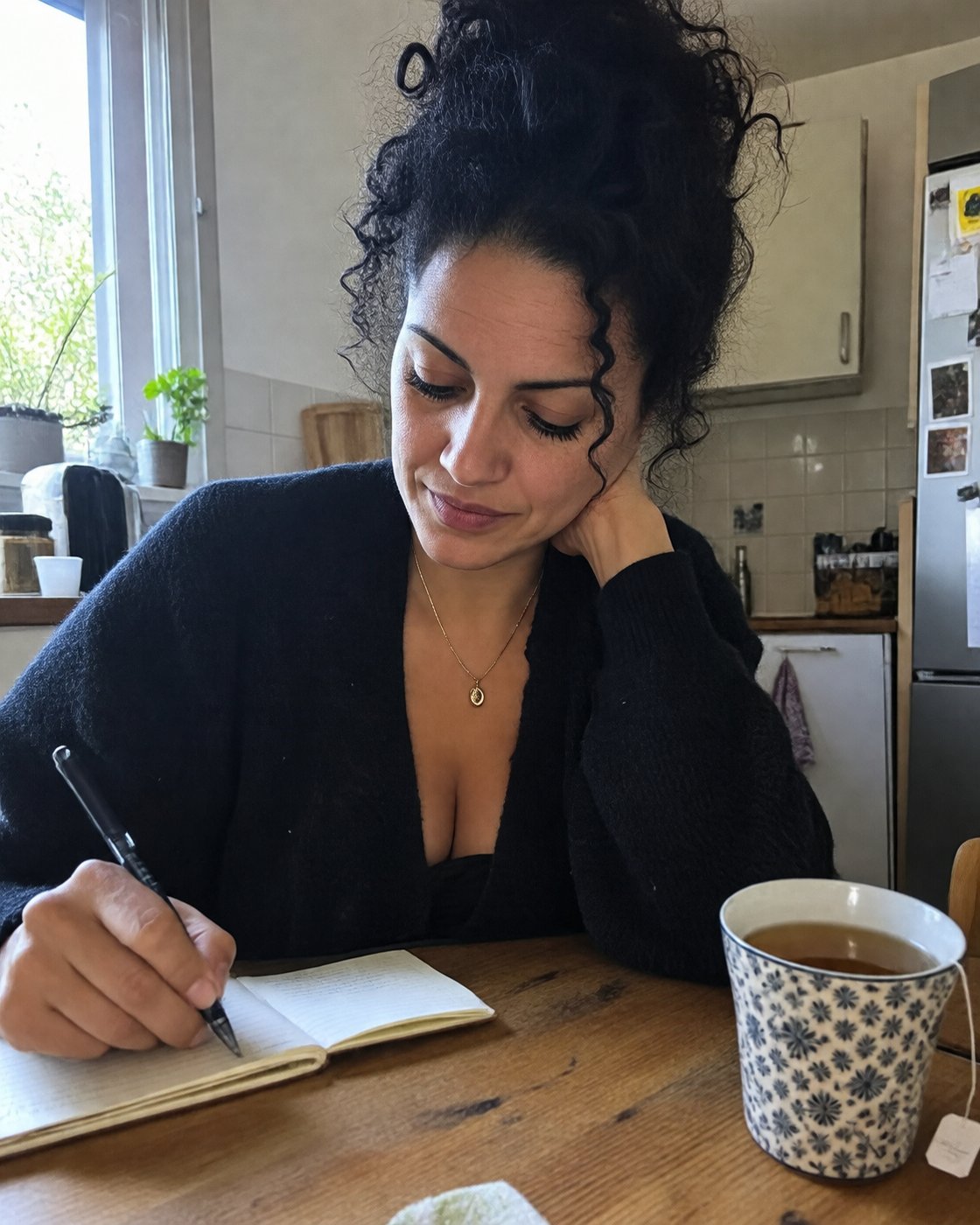 Femme de 46 ans qui écrit dans un carnet le matin (photo d'illustration)