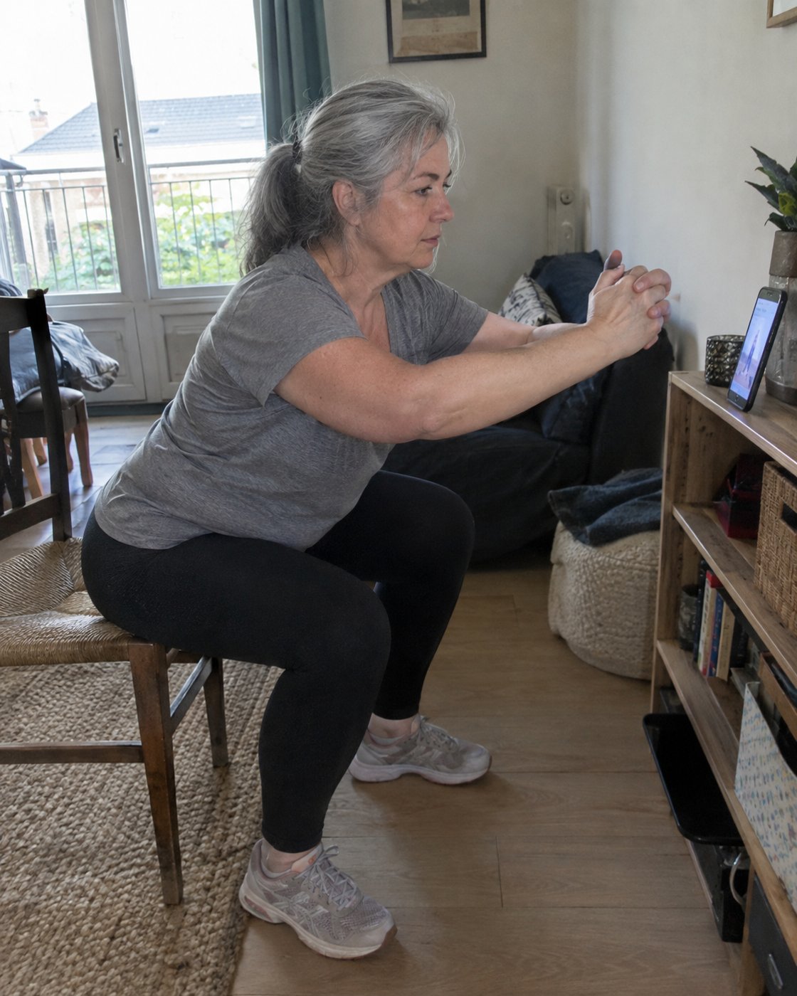 Femme de 58 ans qui fait un squat sur chaise dans son salon (photo d'illustration)