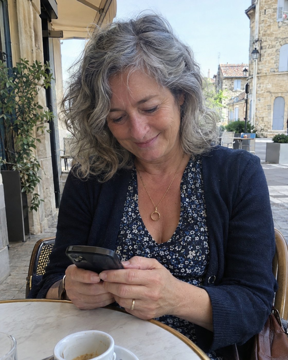 Femme de 60 ans qui écrit un message en terrasse (photo d'illustration)