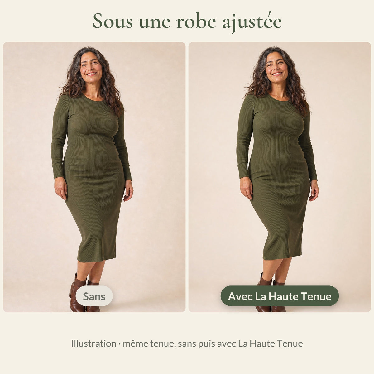 Sous une robe ajustée, sans puis avec La Haute Tenue (illustration : même tenue, sans puis avec La Haute Tenue)