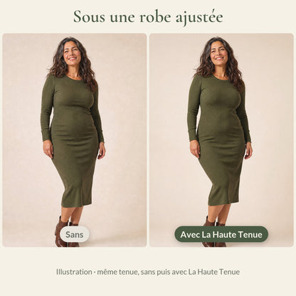 Sous une robe ajustée, sans puis avec La Haute Tenue (illustration : même tenue, sans puis avec La Haute Tenue)