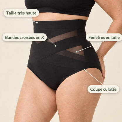 Détail : taille très haute, bandes croisées en X, fenêtres en tulle, coupe culotte