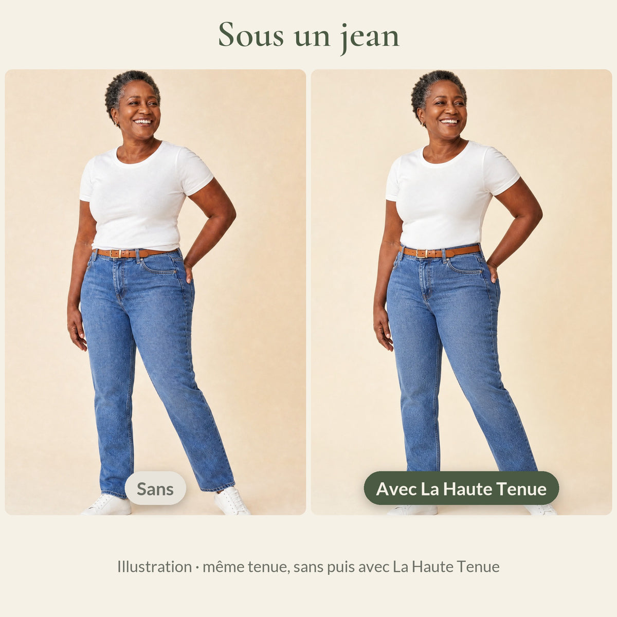 Sous un jean, sans puis avec La Haute Tenue (illustration : même tenue, sans puis avec La Haute Tenue)