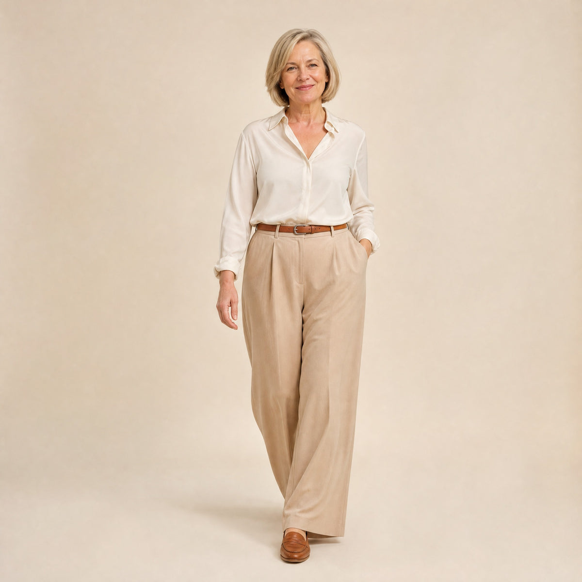 Sous un pantalon fluide et une chemise rentrée