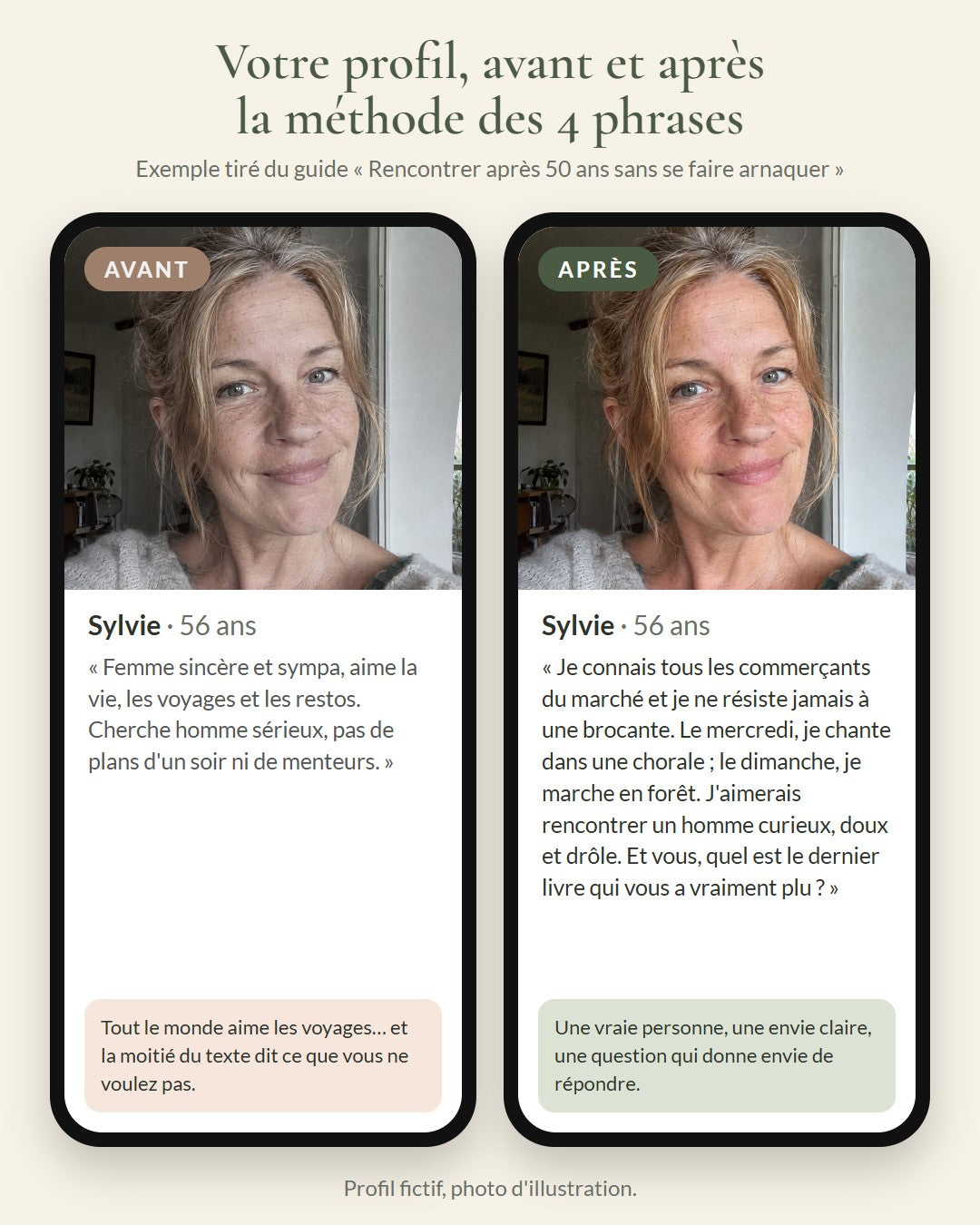 Profil de rencontre avant et après la méthode des 4 phrases (exemple du guide)