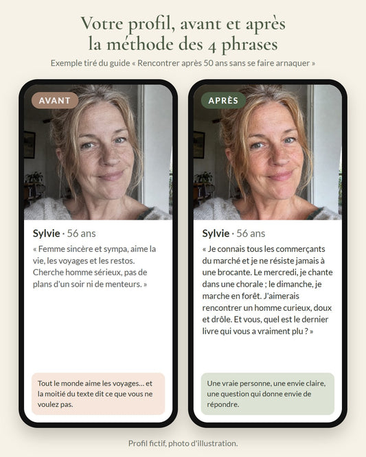 Profil de rencontre avant et après la méthode des 4 phrases (exemple du guide)
