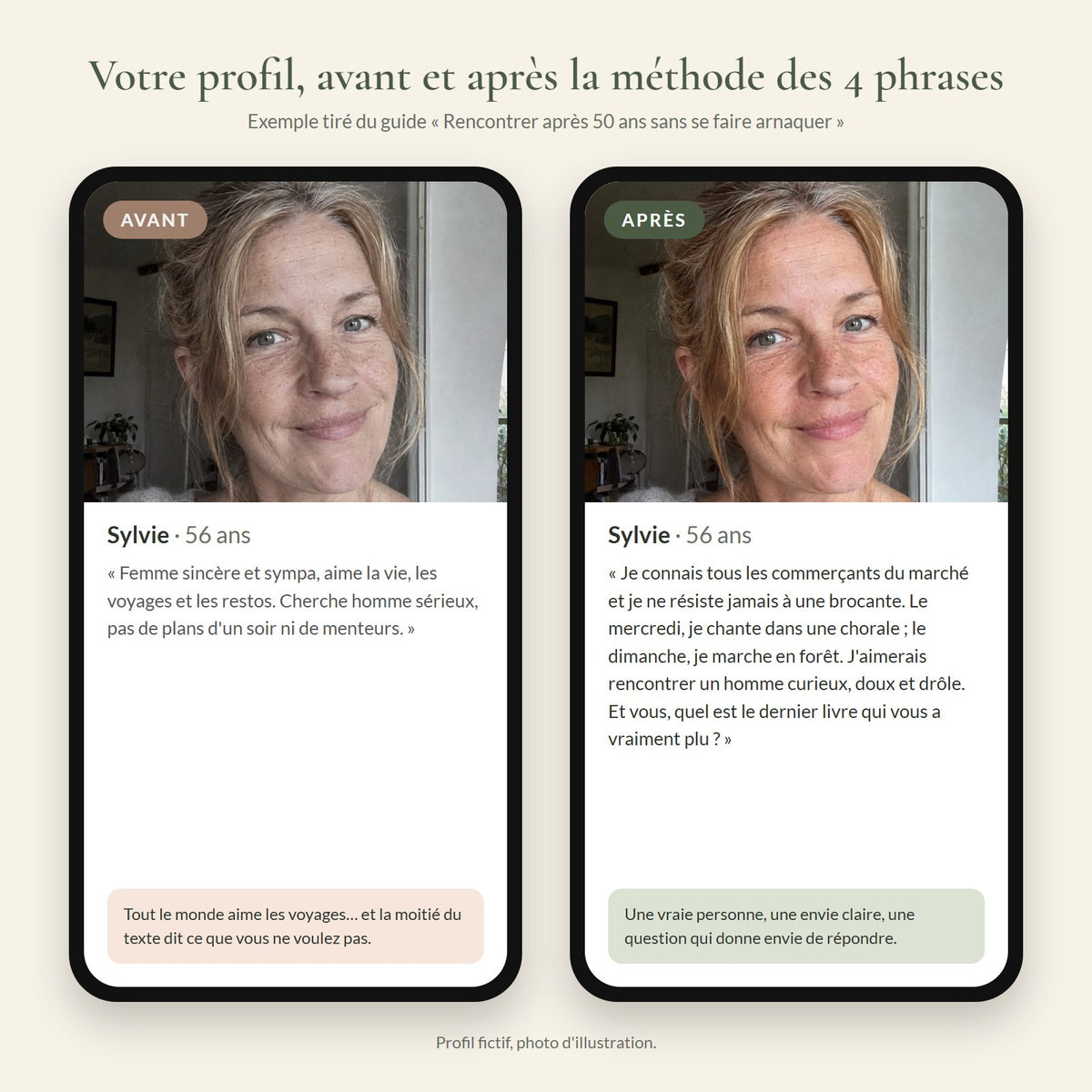 Profil de rencontre avant et après la méthode des 4 phrases (exemple du guide)